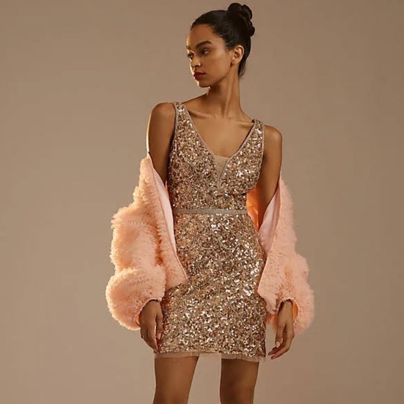 Mac Duggal Short Beaded Cocktail Dress 5543 Light Copper Size 10 NEW - Picture 1 of 16